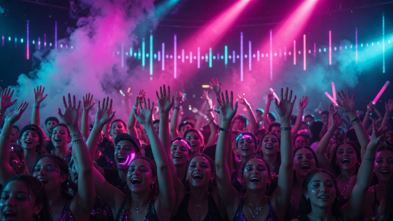 Crowd cheering with hands in the air